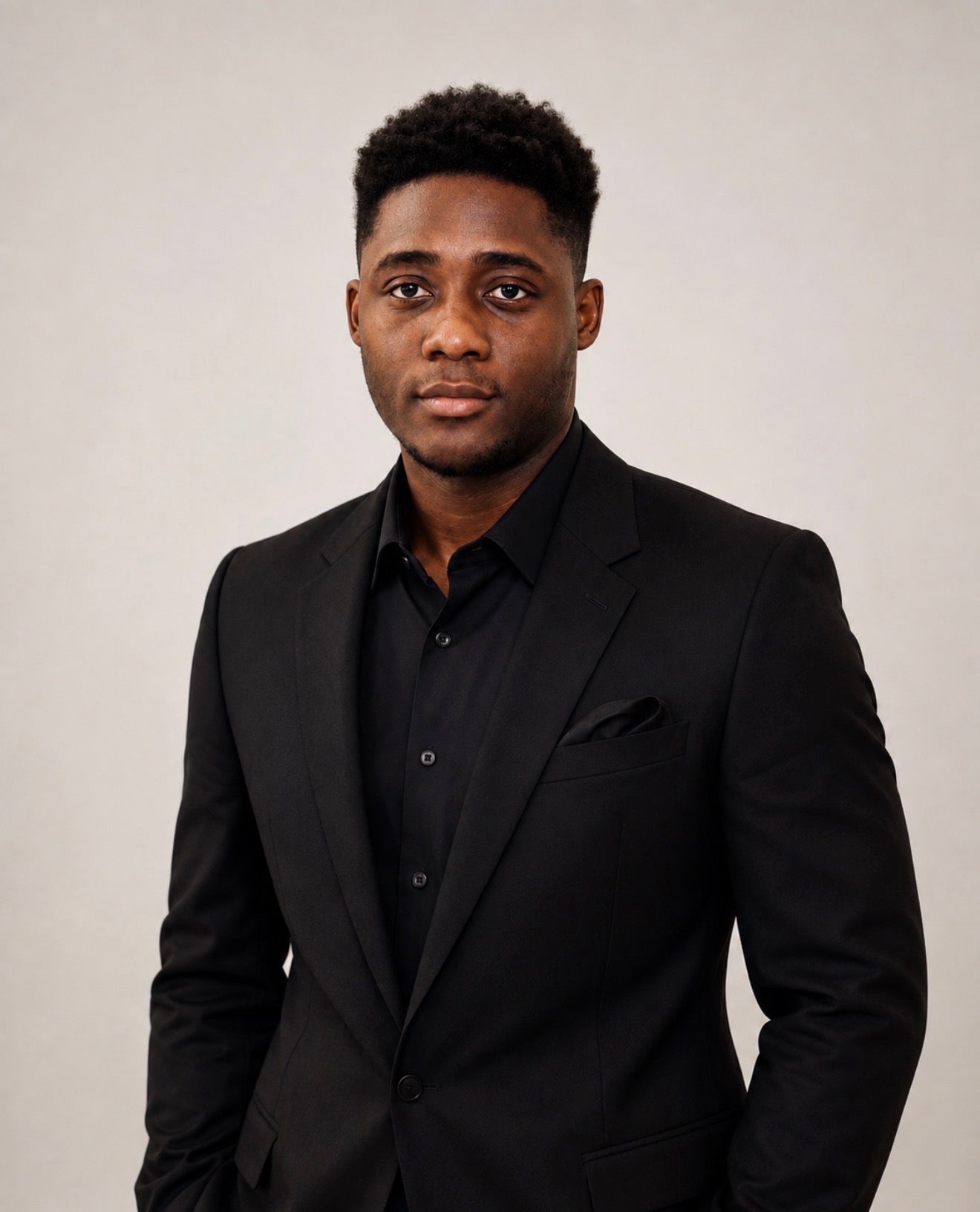 KROSSTOUCHE® founder Johnson wearing a black suit and black shirt against a light grey studio background.