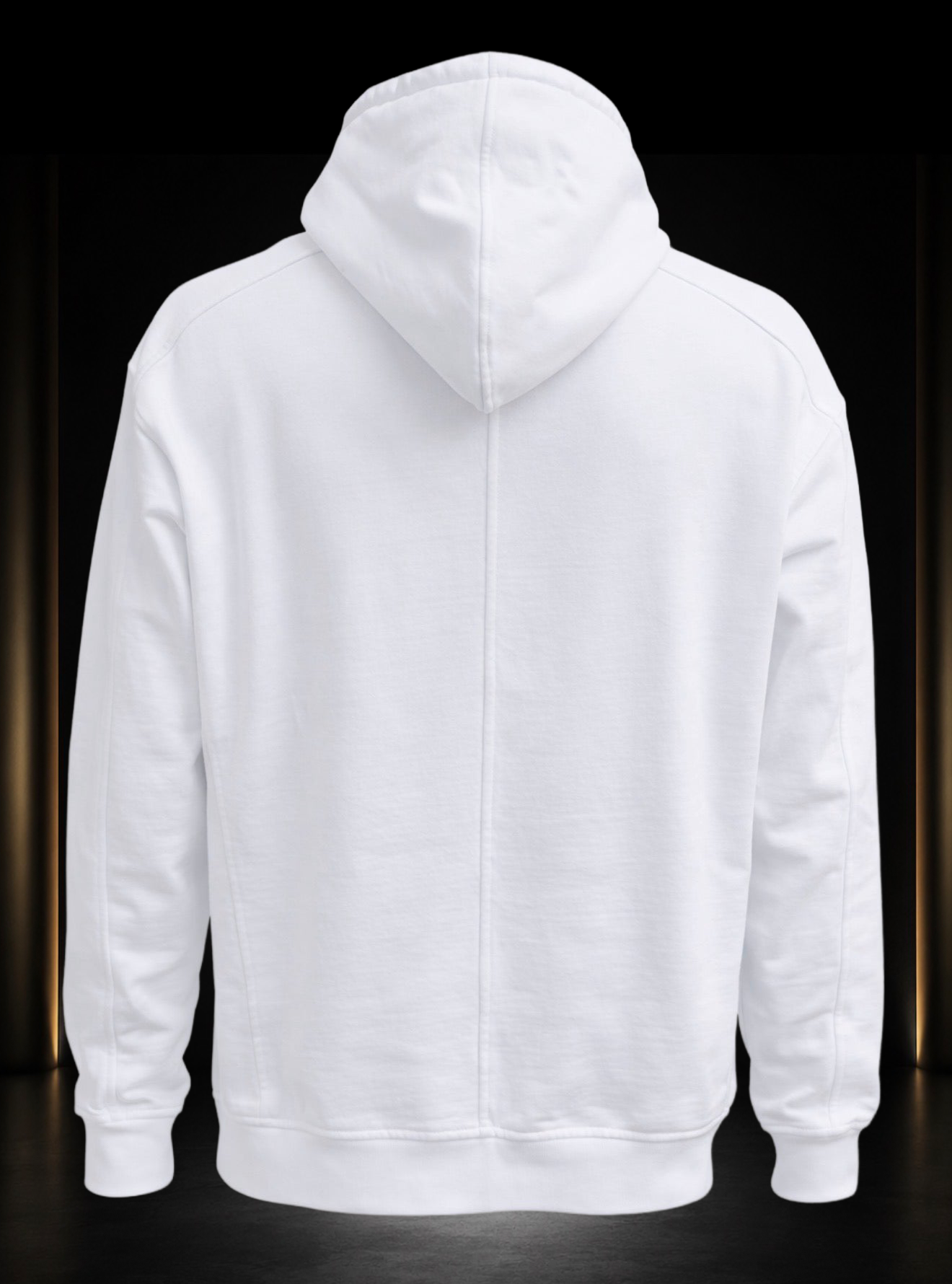 Back view of the KROSSTOUCHE Signature Crest Hoodie in Optic White with structured hood and clean finish