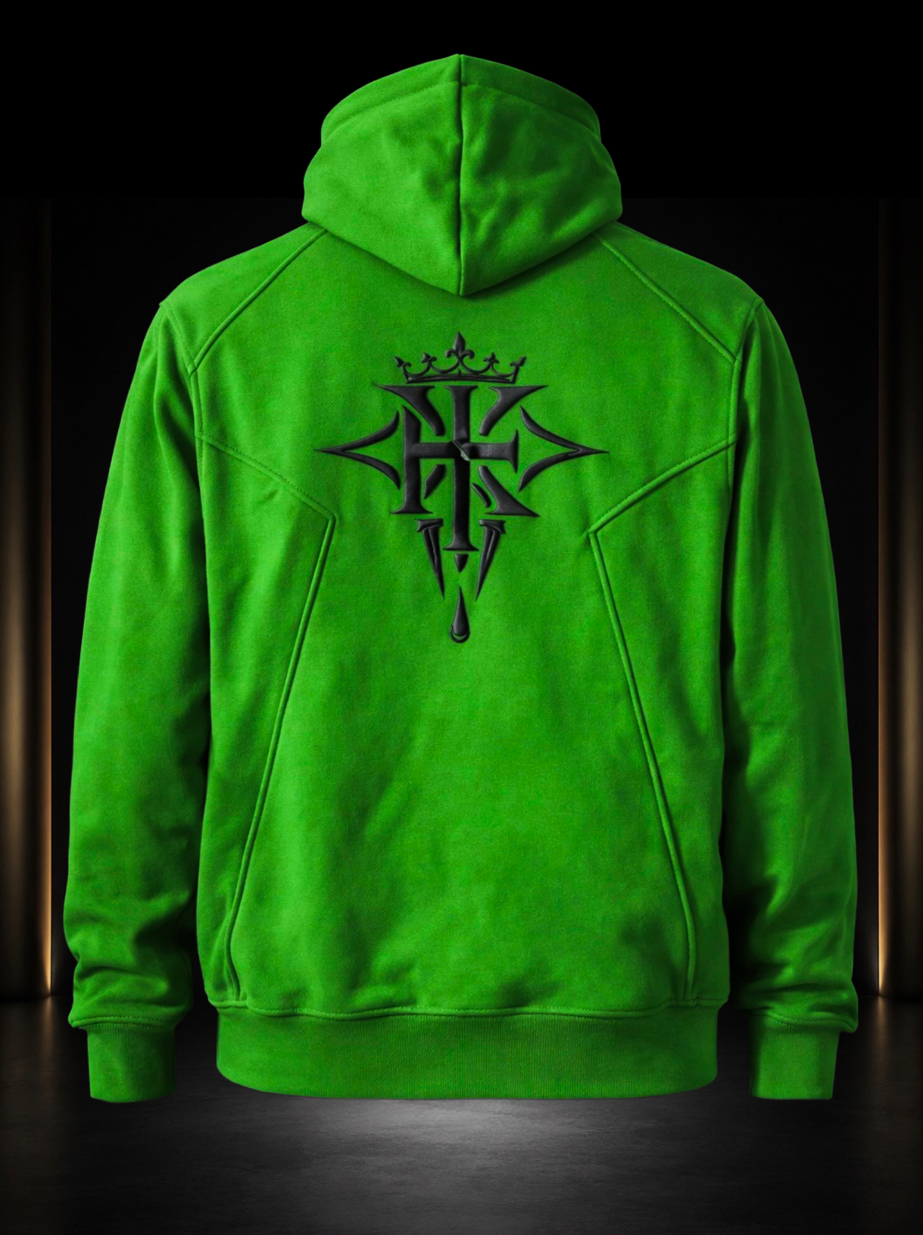 Back view of the KROSSTOUCHE Ascension emerald green hoodie with oversized black emblem