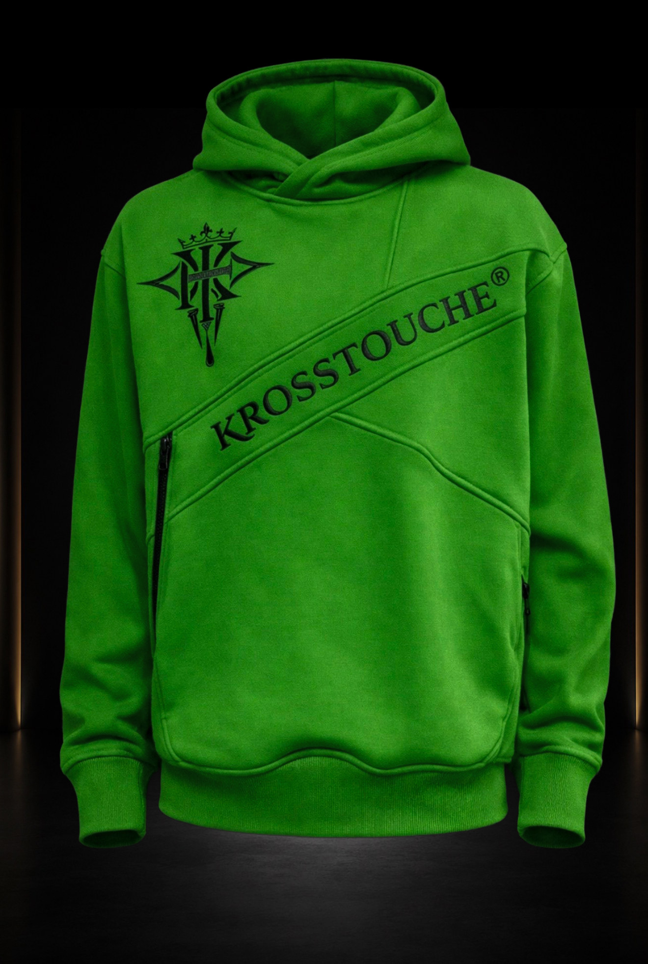 Front view of the KROSSTOUCHE Ascension emerald green hoodie with diagonal branded panel and zip pockets