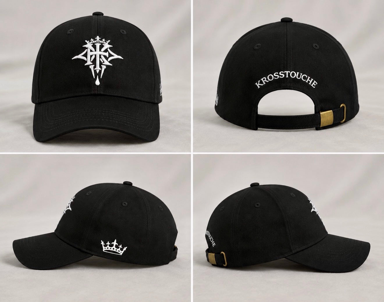 Multiple views of the KROSSTOUCHE® Signature Black Baseball Cap showing the front, back and side details.