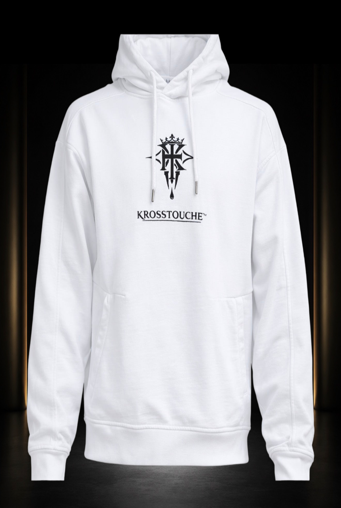 Front view of the KROSSTOUCHE Signature Crest Hoodie in Optic - White with black crest and wordmark