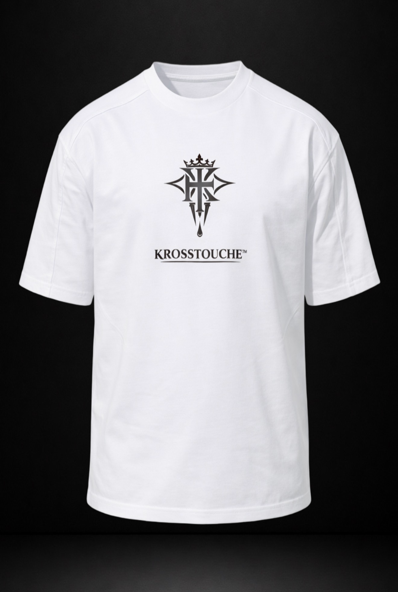 Front view of the KROSSTOUCHE® Signature Heavyweight T-Shirt in Optic White with black crest logo and wordmark on the chest.