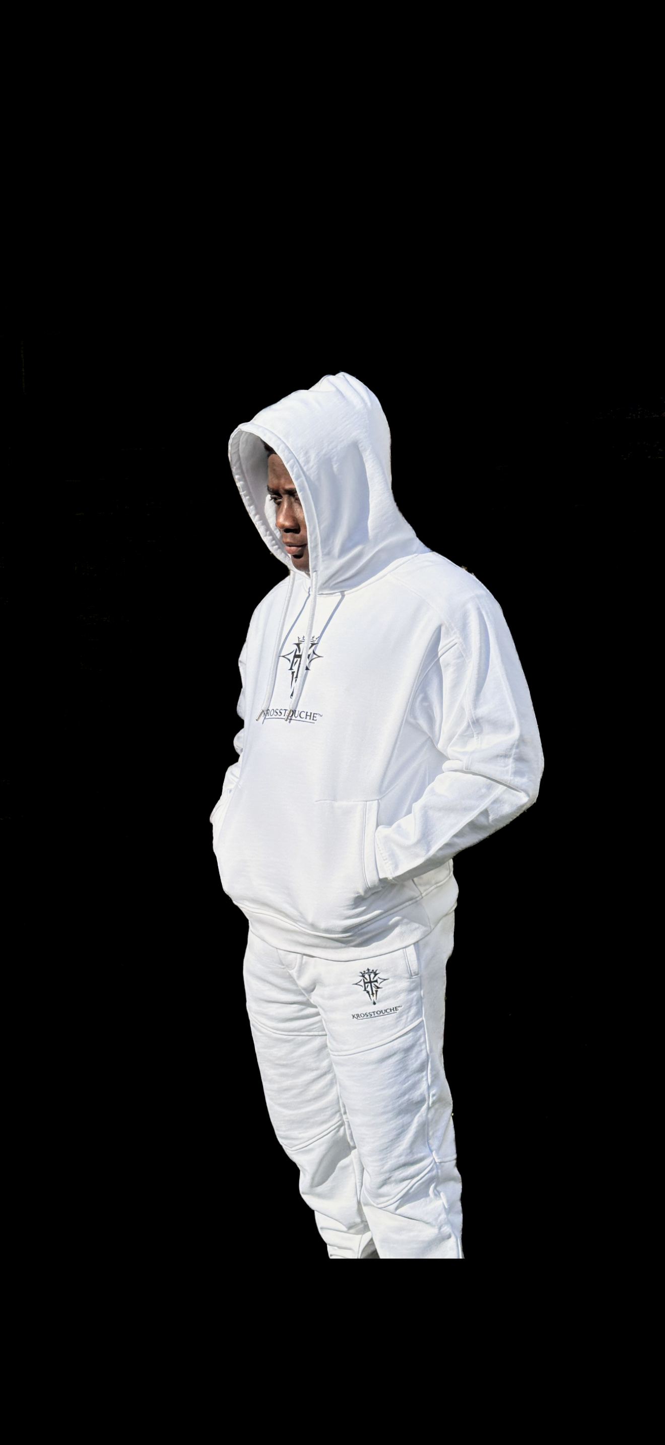 KROSSTOUCHE® white hoodie and joggers set on black background, premium luxury streetwear designed for identity and purpose